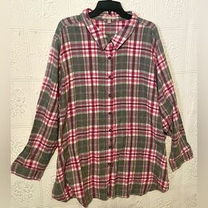 Woman Within Plaid Button Down Shirt - Red and Gray